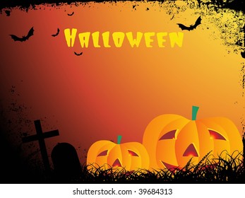 grungy border background with halloween pumpkin, bat