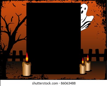 grungy border, dry tree background with burning candle & witch behind halloween banner