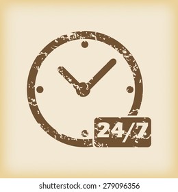 Grungy brown icon with clock and text 24 per 7, on beige background