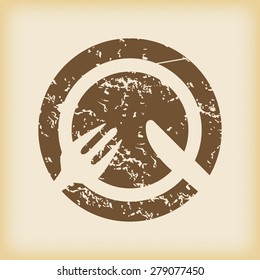 Grungy brown icon with fork and knife lying on plate, on beige background
