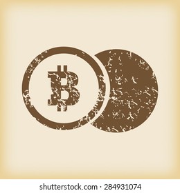 Grungy brown icon with image of bitcoin coin, on beige background