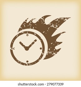 Grungy brown icon with image of burning clock, on beige background