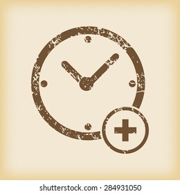 Grungy brown icon with image of clock with plus, on beige background
