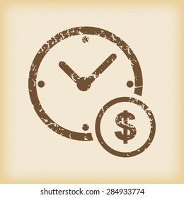 Grungy brown icon with image of clock and dollar symbol, on beige background