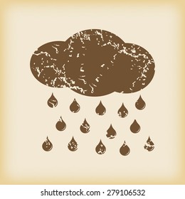 Grungy brown icon with image of cloud and waterdrops, on beige background