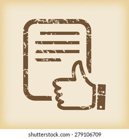 Grungy brown icon with image of document page and like symbol, on beige background
