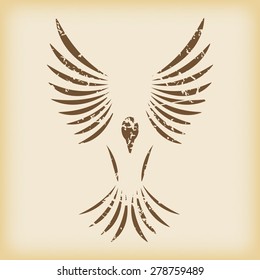 Grungy brown icon with image of flying bird, on beige background