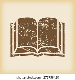 Grungy brown icon with image of open book, on beige background