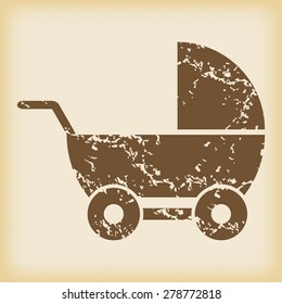 Grungy brown icon with image of perambulator, on beige background