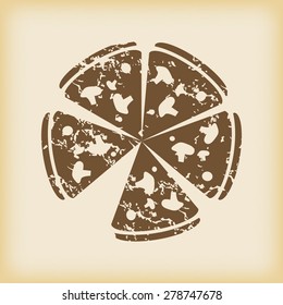 Grungy brown icon with image of pizza cut into slices, on beige background