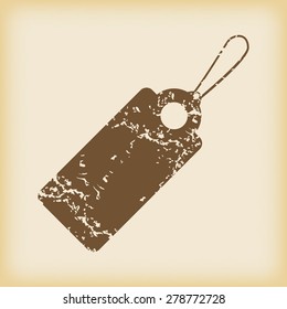 Grungy brown icon with image of string tag, on beige background
