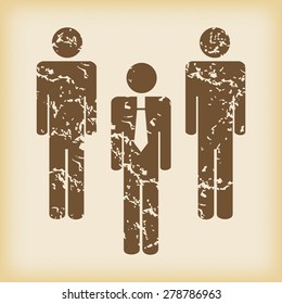 Grungy brown icon with image of three man symbols, on beige background