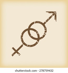 Grungy brown icon with image of two gender symbols, on beige background