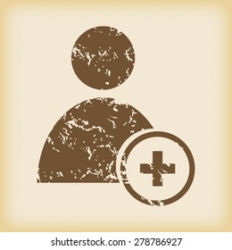 Grungy brown icon with image of user picture with plus, on beige background