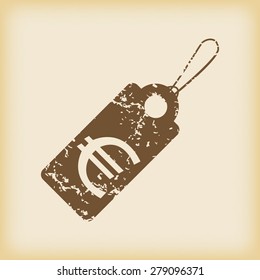 Grungy brown icon with string tag with euro symbol, on beige background