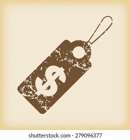 Grungy brown icon with string tag with dollar symbol, on beige background