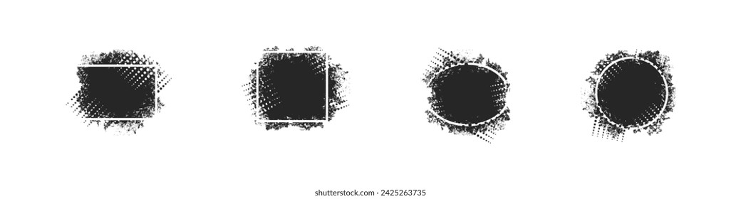 Grungy brush frame set. Grunge halftone vector border frames background.
