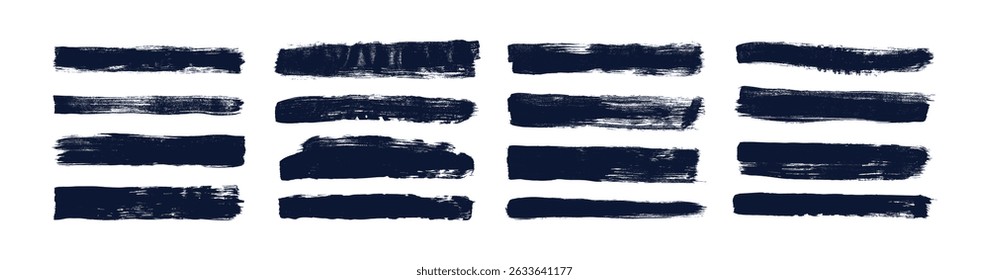 Traços de pincel grungy na tinta preta, set. Texturizados pinceladas, coleção pinceladas. Linhas de pincel áspero, listras, listras em estilo grunge. Ilustração vetorial isolada no plano de fundo branco