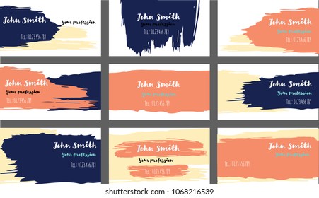 Grungy Brushed Business Cards, Banners Vector Set. Amazing Painted Dark Horizontal Backgrounds. Cool Hipster Business Cards, Banners Collection. Graffiti Paintbrush Futuristic Corporate Identity.
