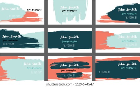 Grungy Brushed Business Cards, Banners Vector Set. Funky Painted Dark Horizontal Backgrounds. Creative Hipster Business Cards, Banners Collection. Trendy Paintbrush Futuristic Corporate Identity.