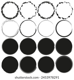 Grungy circle frames collection. Hand-drawn borders set. Ink round shapes. Brush strokes rings. Vector illustration. EPS 10.