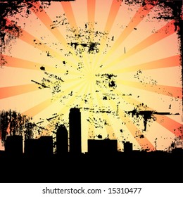 Grungy city scene with hot summer sun