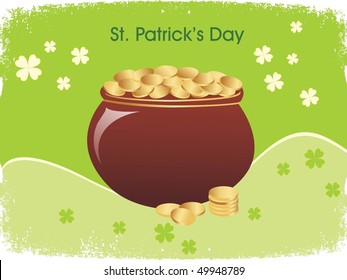 grungy corner background with clover, gold coins earthenware