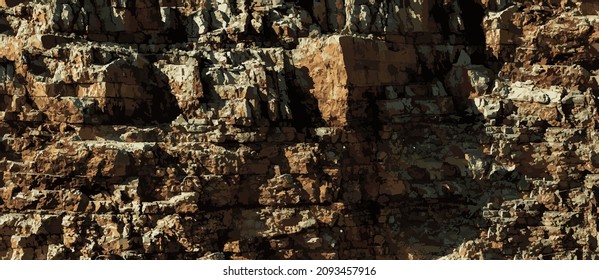 Textura vectorial de la montaña rocosa con baches. Bastante cañón escarpado. Antiguo acantilado de mármol andrajado. Gran muro de piedra labrada. Desfiladero impresionante dañado para diseño de grunge natural 3d