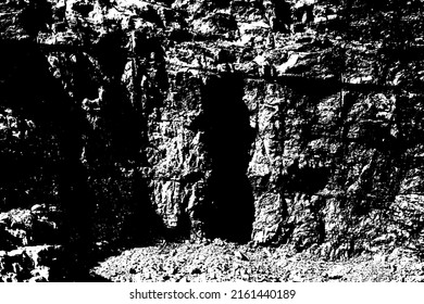 Grungy cragged bumpy pitted cavity stone facade, split layer gap.Ruined cracked shattered worn rough hiking canyon.Old ragged grunge steep marble cliff. Grand vintage crannied damaged impressive gorge