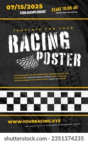 Grungy dark background with abstract tire tracks and chess flag texture for your racing poster - vector illustration