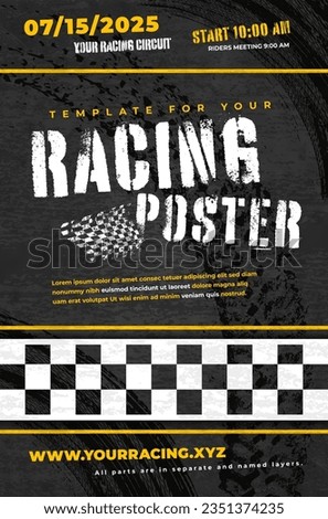 Grungy dark background with abstract tire tracks and chess flag texture for your racing poster - vector illustration