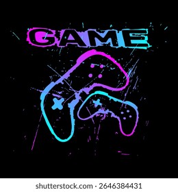 Grungy digital illustration featuring two stylized neon game controllers with paint splatter textures and the word “GAME” above them. Perfect for streetwear, esports, and gamer-themed fashion or merch