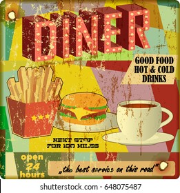 grungy diner sign, retro style, vector illustration 