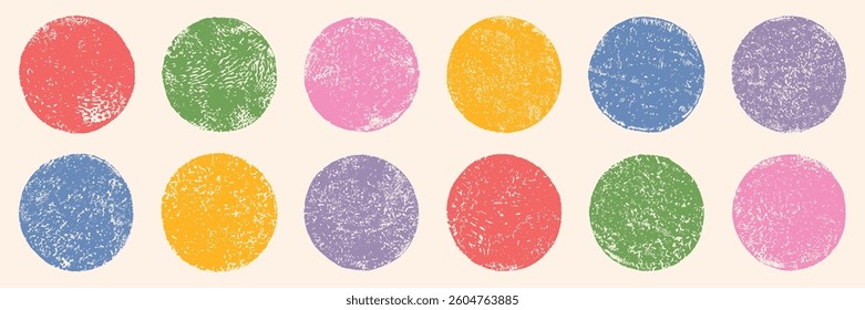 Grungy distressed aged retro textured hand printed circle shapes collection. Linocut vector round rough worn scuffed textures artistic backgrounds set. Grunge label stamp badge text boxes templates 