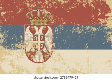 Grungy and distressed Serbia flag vector illustration. Vintage textured national flag featuring horizontal red, blue, and white bands with the detailed double-headed eagle coat of arms crest, showcasing heavy weathered paint textures, rustic scratches, and an aged artistic aesthetic.