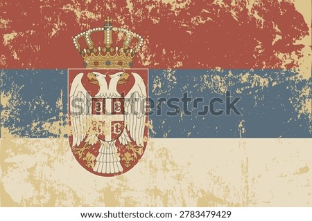 Grungy and distressed Serbia flag vector illustration. Vintage textured national flag featuring horizontal red, blue, and white bands with the detailed double-headed eagle coat of arms crest, showcasing heavy weathered paint textures, rustic scratches, and an aged artistic aesthetic.