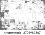Grungy distressed textured background of overlapping torn posters and newsprint with visible text and images in grayscale