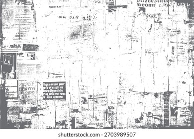 Fondo texturizado afligido grunge de carteles rotos superpuestos y papel de periódico con texto visible y Imágenes en escala de grises