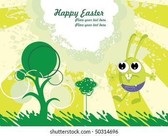 grungy easter background with cartoon egg and tree