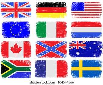 Grungy flag illustrations of the USA, Great Britain, South Africa, Australia and various European countries