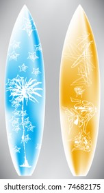 grungy and flower surfboard vector designs with palm stars and fishes
