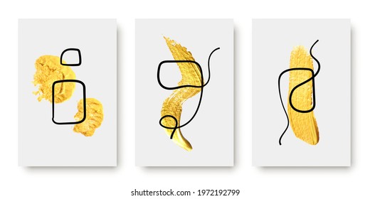 Grungy frame design with gold brush strokes, black lines and copyspace. Creative trendy banner vector template. Modern art style poster, invitation layout. Rectangular border with paint smears effect