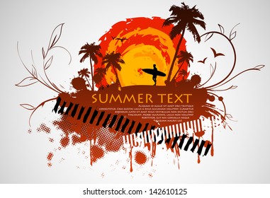 grungy frame with a surfer and palm trees and the summer sun