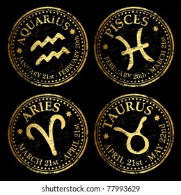 Grungy gold Aquarius, Pisces, Aries and Taurus rubber stamp vectors