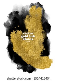 grungy gold brushstrokes overlay black ink on white vertical background. eps 8
