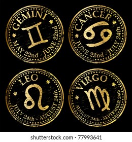 Grungy gold Gemini, Cancer, Leo and Virgo rubber stamp vectors