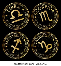 Grungy gold Libra, Scorpio, Sagittarius and Capricorn rubber stamp vectors