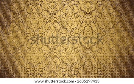 Grungy golden vector background,  ornate damask pattern. Distressed, vintage texture with scratched lines and faded edges.