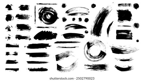 Grungy grainy vector brush strokes. Set of punk paint brushstrokes, grunge text boxes, lines, splashes, dabs and daubs. Abstract artistic lines, circles, scribbles and scratches. Messy design elements