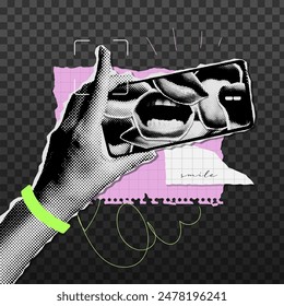 Grungy Halftone collage with hand holding a phone with many mouths on screen. Social media concept with torn out paper elements and doodles. Vector illustration